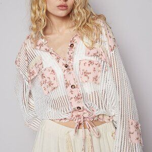 Vintage Washed Crochet Hoodie Jacket with Patchwork – Boho Zip-Up Layer for Wome